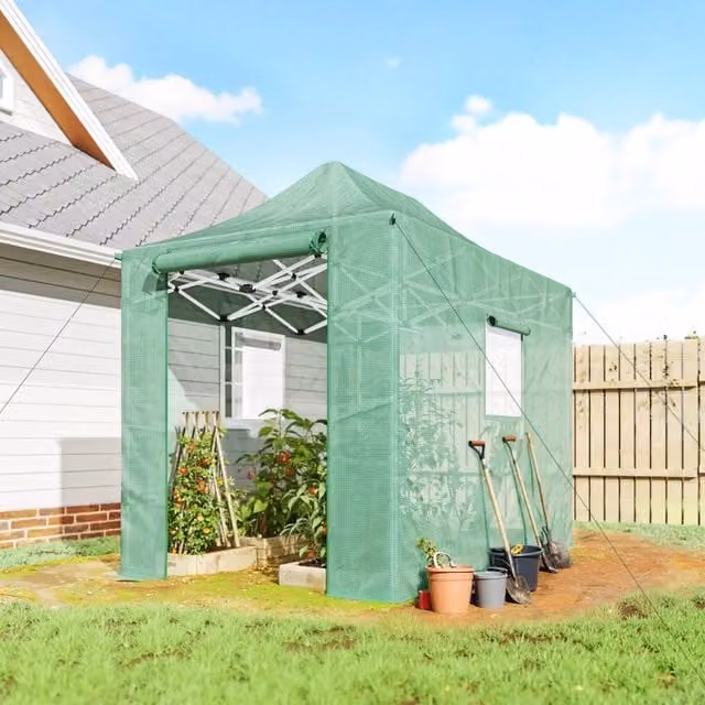 Serra pop-up pieghevole WISHDOR con tetto a punta, porte e finestrini avvolgibili, verde, L 295 cm x P 200 cm x H 270 cm