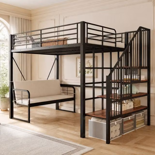 Letto a castello 140x200 cm nero in metallo e MDF con divano sfoderabile e scala contenitore