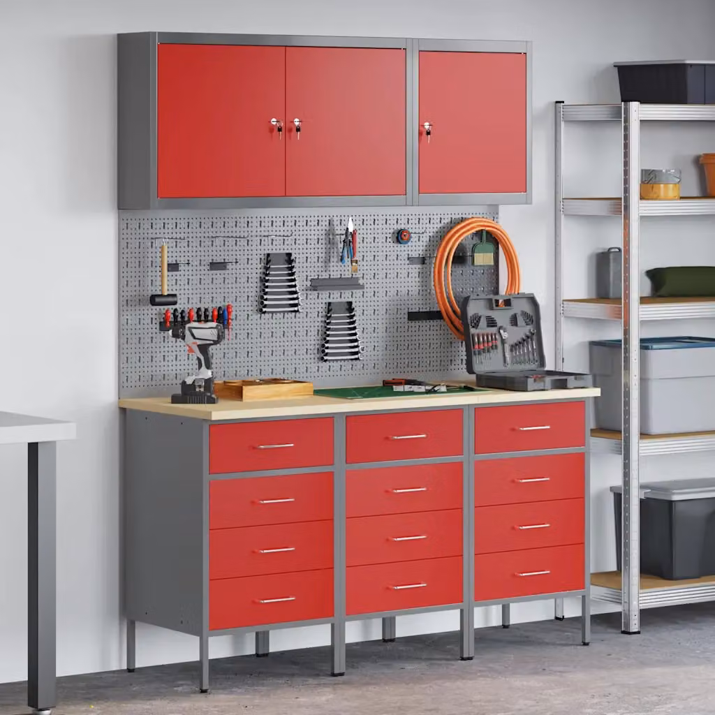 vidaXL Carrello da lavoro mobile con cassetto 8 pezzi in acciaio e legno, Rosso e Grigio