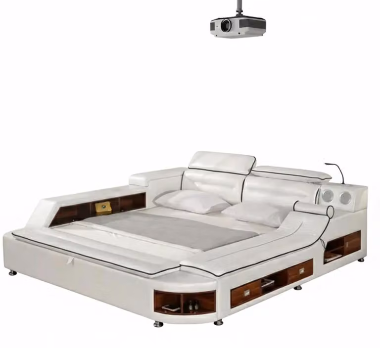 Letto multifunzionale, stile moderno, colore bianco, struttura in legno, morbido