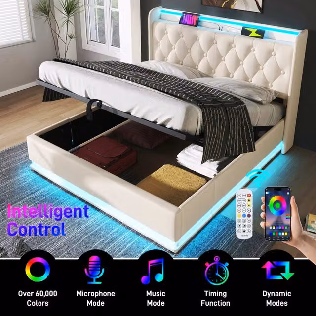 Letto matrimoniale contenitore imbottito 160x200 cm, luce LED 360° con app/telecomando, testiera con USB/USB-C, bianco, senza materasso
