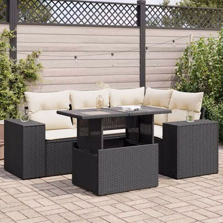Set da giardino vidaXL in polyrattan nero con cuscini e tavolino da esterno a forma di L