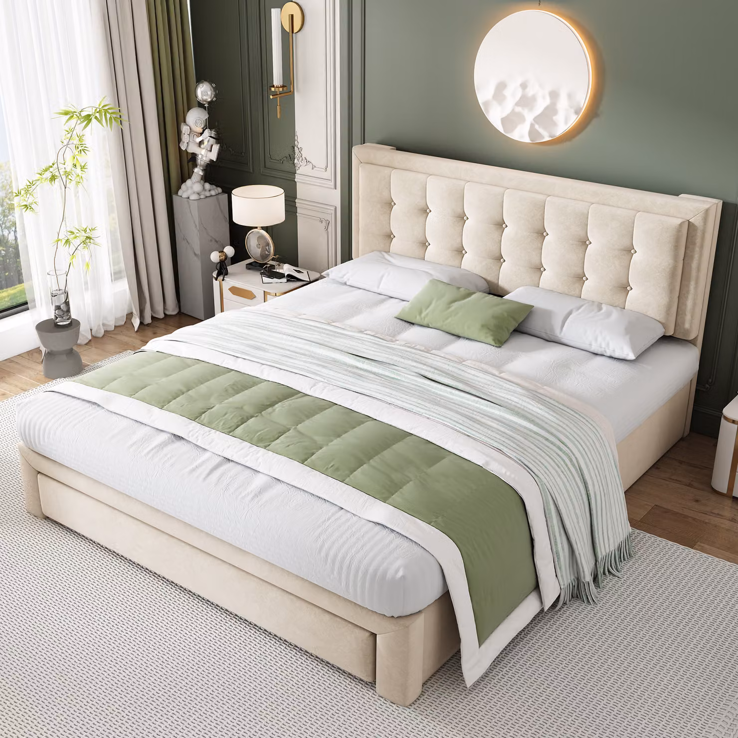 okwish Letto imbottito 140 x 200 cm, letto con contenitori e cassetti, tessuto in velluto, rete a doghe, letto matrimoniale, ampio spazio contenitivo, beige