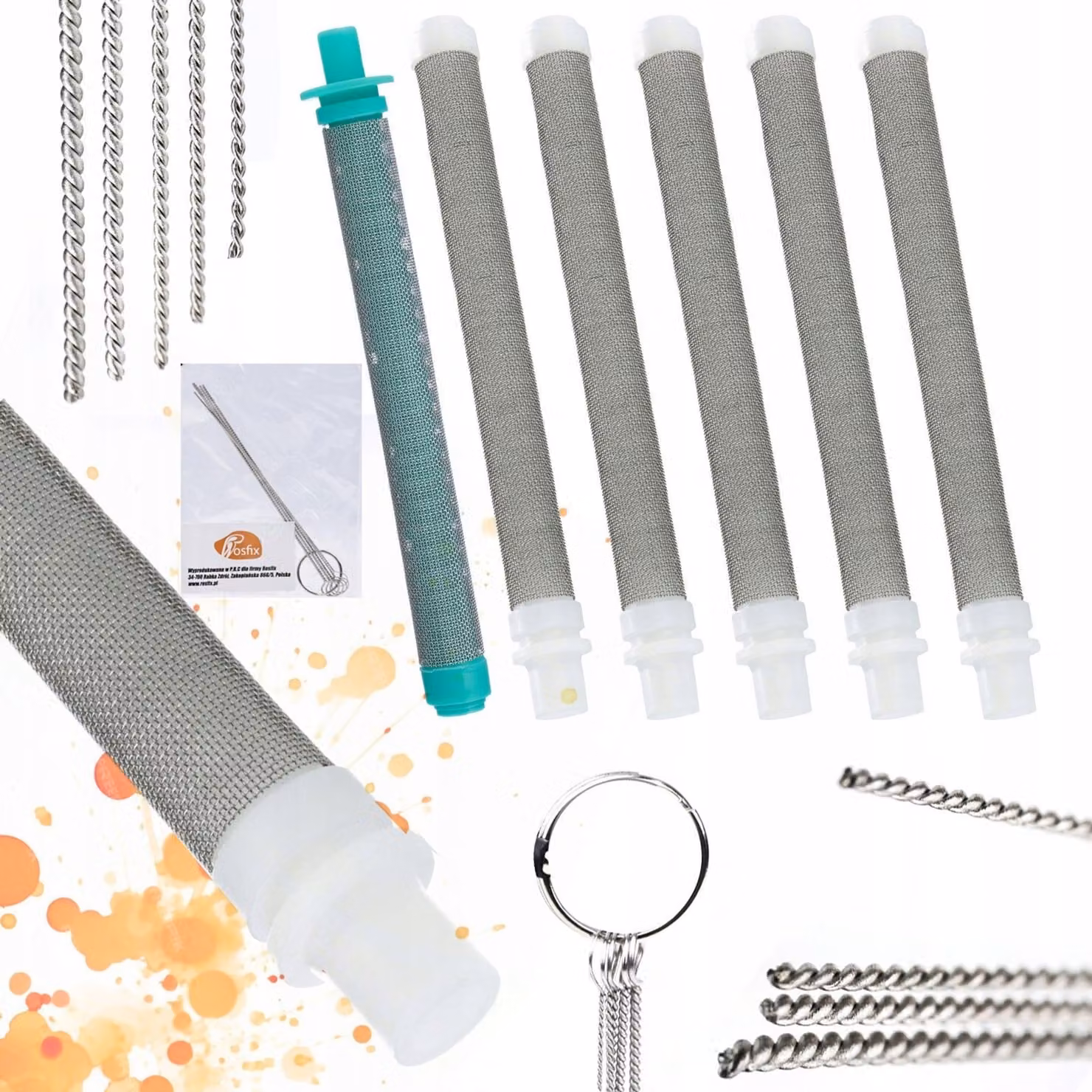 Rosfix Set di Filtri a 60 Maglie e 30 Maglie, 5 Spazzole per la Pulizia - Per Spruzzatori di Vernice | 100 mm, Metallo, Plastica