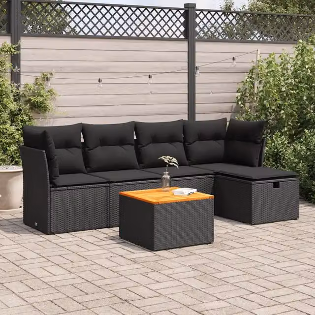 Set Divano da Giardino 6 pz con Cuscini Nero in Polyrattan 3325751