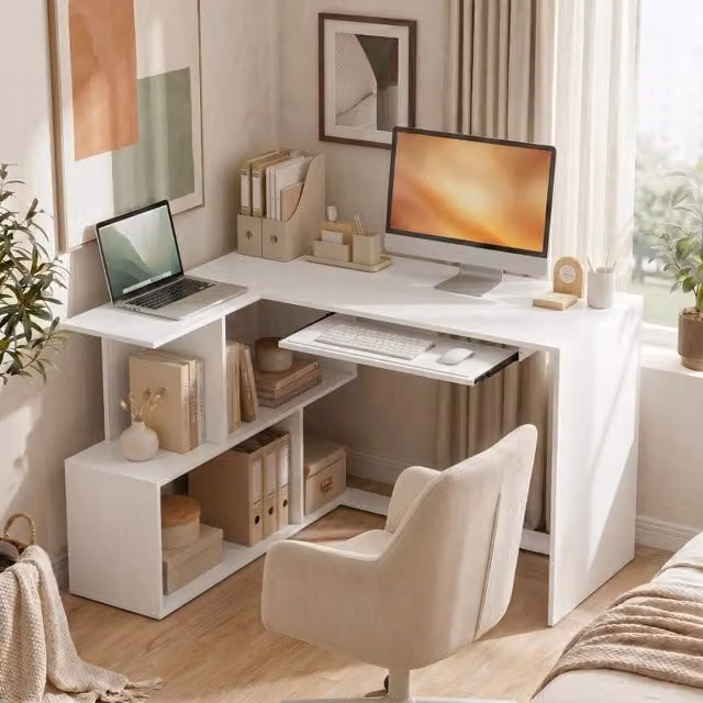 Scrivania angolare a L WISHDOR bianca con finitura opaca in legno e MDF per home office
