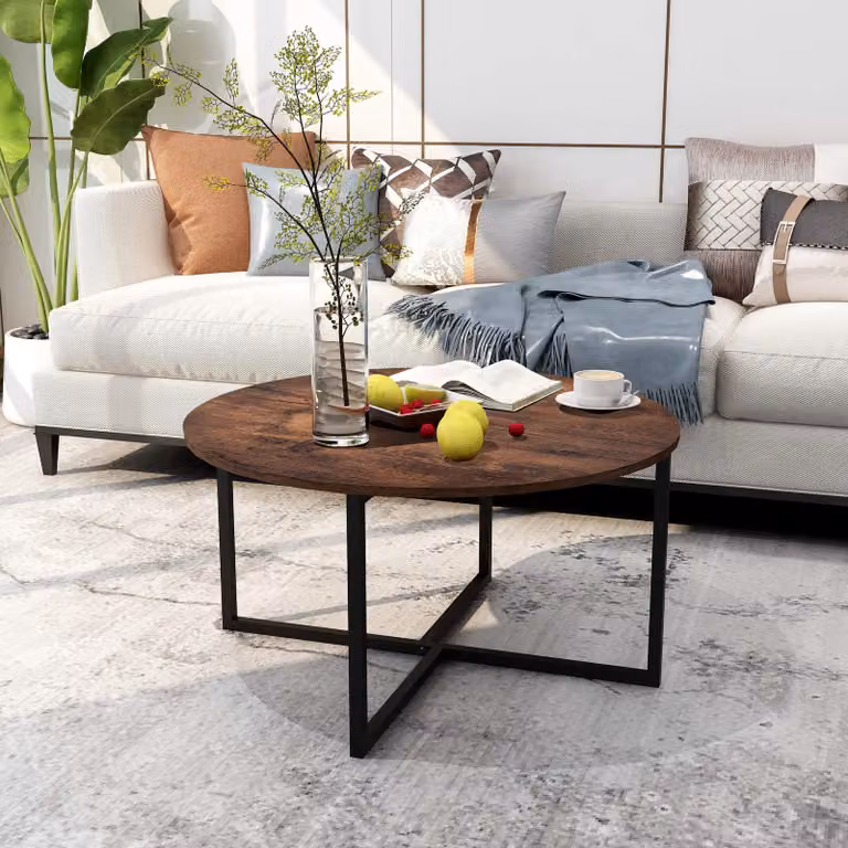 Tavolino da caffè rotondo, design moderno, color marrone/nero, dimensioni 72x41 cm, materiale: MDF/metallo