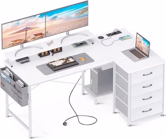 Scrivania angolare a forma di L, bianca, Unyqoos®, dimensioni 140 x 80 x 87 cm, 4 cassetti, supporto per monitor, 2 prese di corrente e 2 porte USB, struttura in MDF e metallo