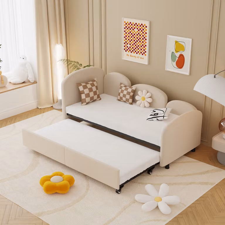 LVHOM letto da giorno 90x200cm con letto estraibile, divano letto con rivestimento in velluto, letto da giorno per bambini, letto per ragazzi, letto per ospiti con rete a doghe, beige