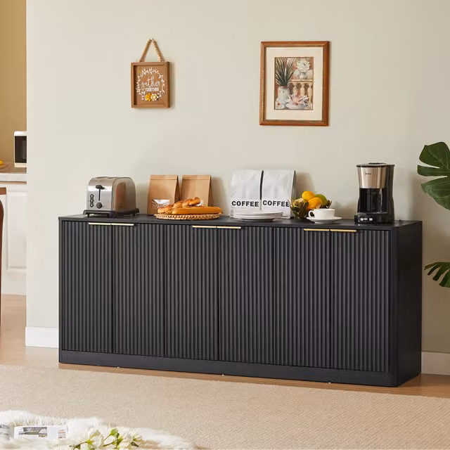 Credenza contenitore MIVRAY moderna con 6 ante e pannelli ondulati in MDF nero opaco, L: 170 cm