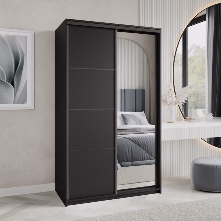 Armadio scorrevole Masseno VARO 120/205/60 cm Armadio con cassetti Armadio per camera da letto a 2 ante con specchio Nero + Nero