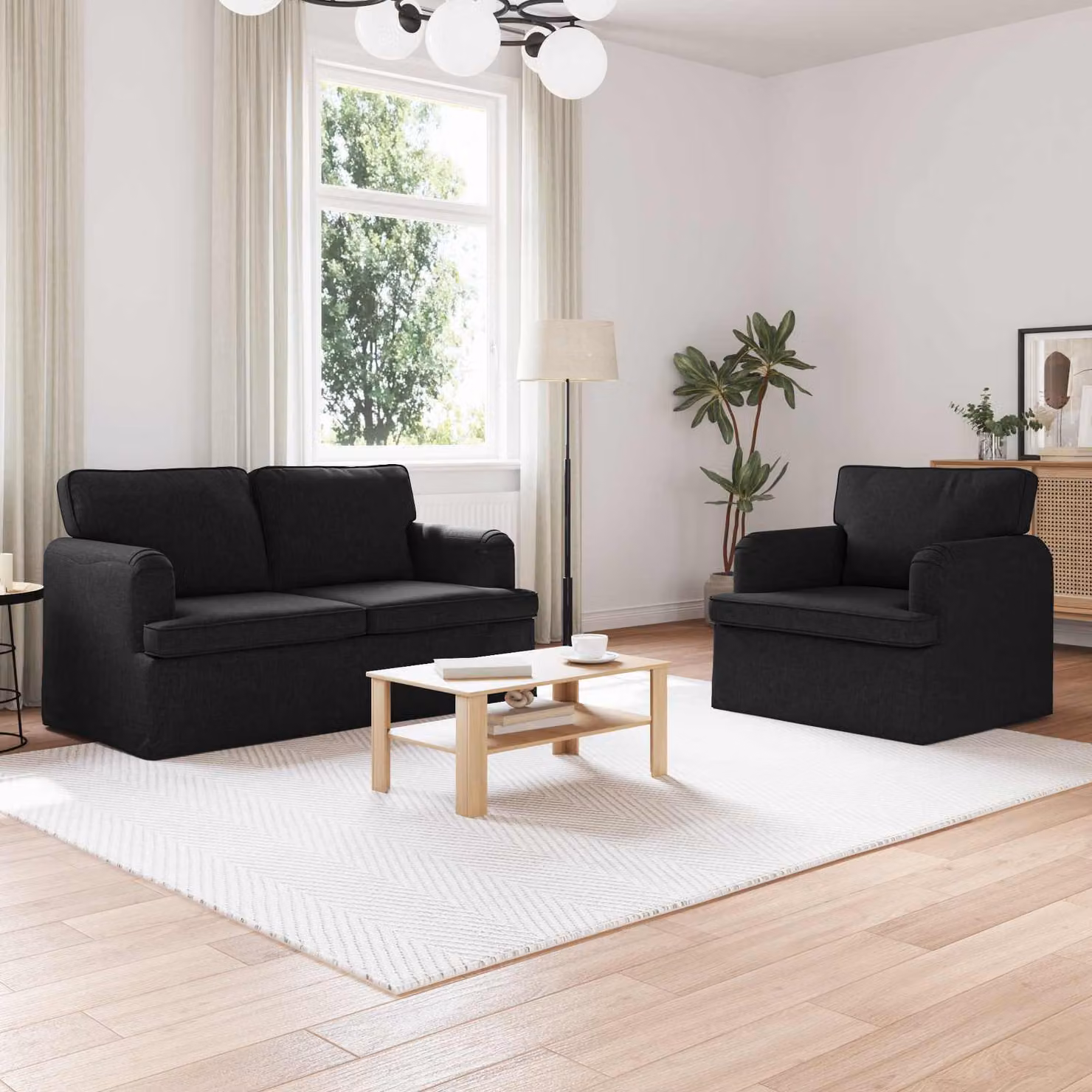 Set di 2 divani vidaXL moderni in tessuto nero con struttura in metallo L: 144 cm, P: 80 cm, H: 85 cm – 1