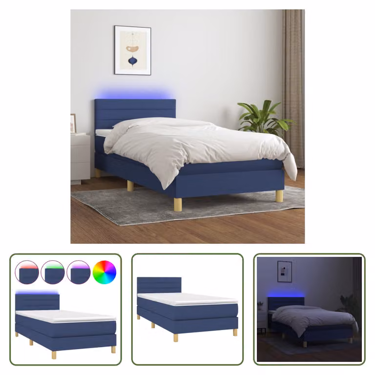 The Living Store Letto a molle con materasso e LED Blu 80x200 cm in tessuto