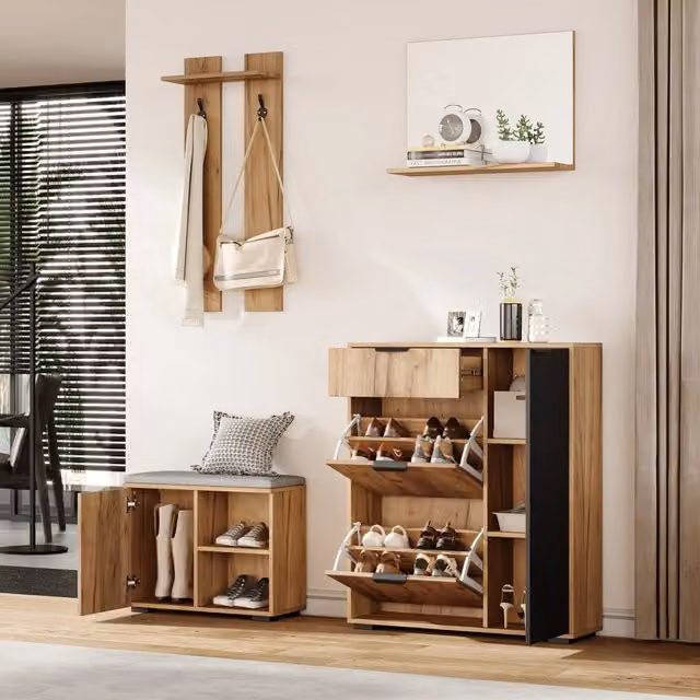 Set guardaroba da ingresso a muro con panca porta scarpe, scarpiera 4 ante, 1 specchio, 1 cassetto, 2 ganci, colore naturale e nero, 140x35x139 cm