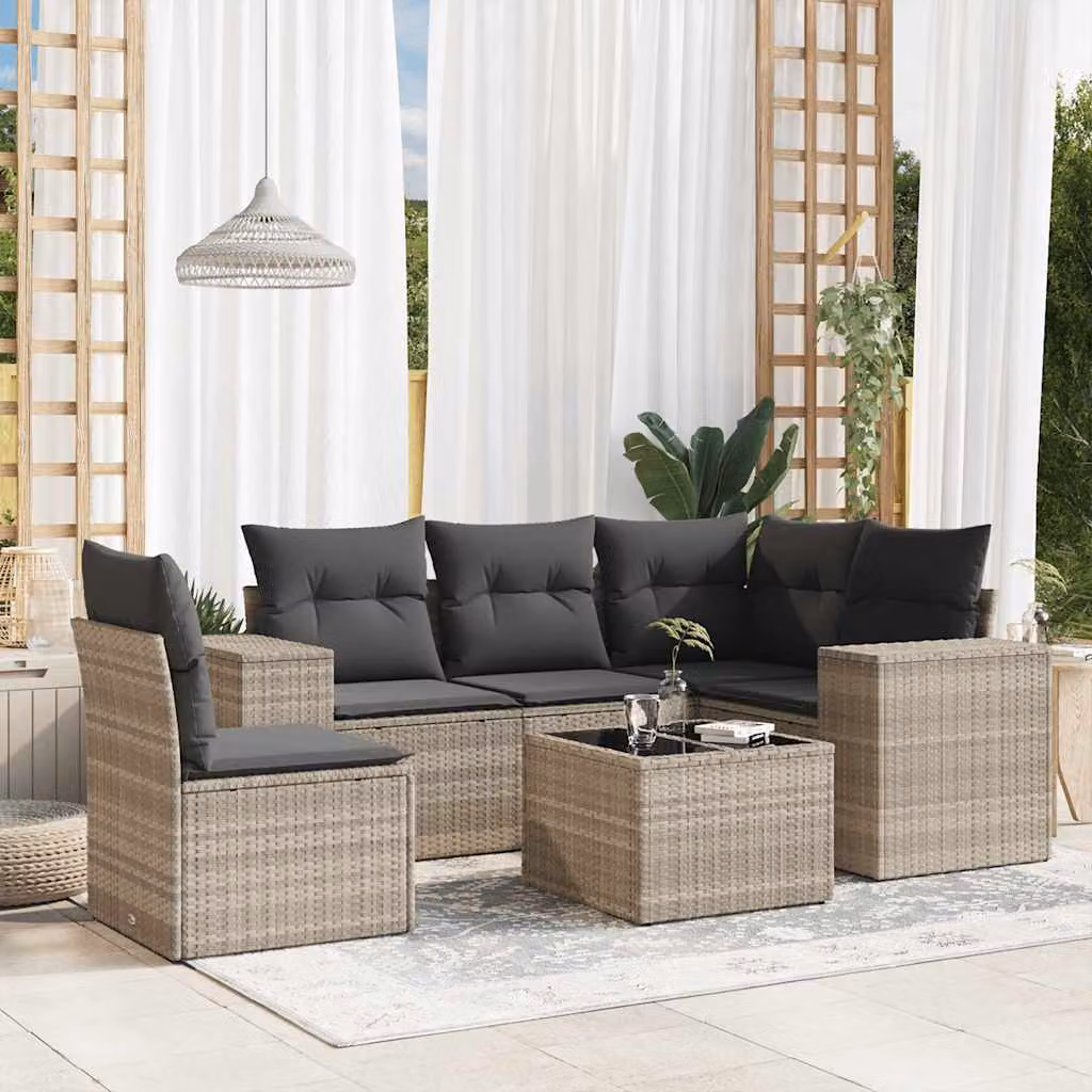 vidaXL Set Divano da Giardino a L 6pz in Polyrattan Grigio con Cuscini e Tavolino – 1