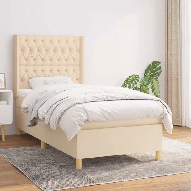 Letto Ibrido vidaXL con Giroletto a Molle e Materasso in Tessuto Beige e Bianco L/P/H: 90 x 190 x 25 cm