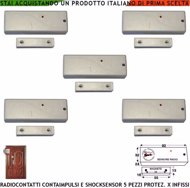 Set di 5 Sensori Magnetici Wireless Securvera Bianchi per Antifurto con Rilevatore Sismico Regolabile e Contaimpulsi per Protezione Ingresso