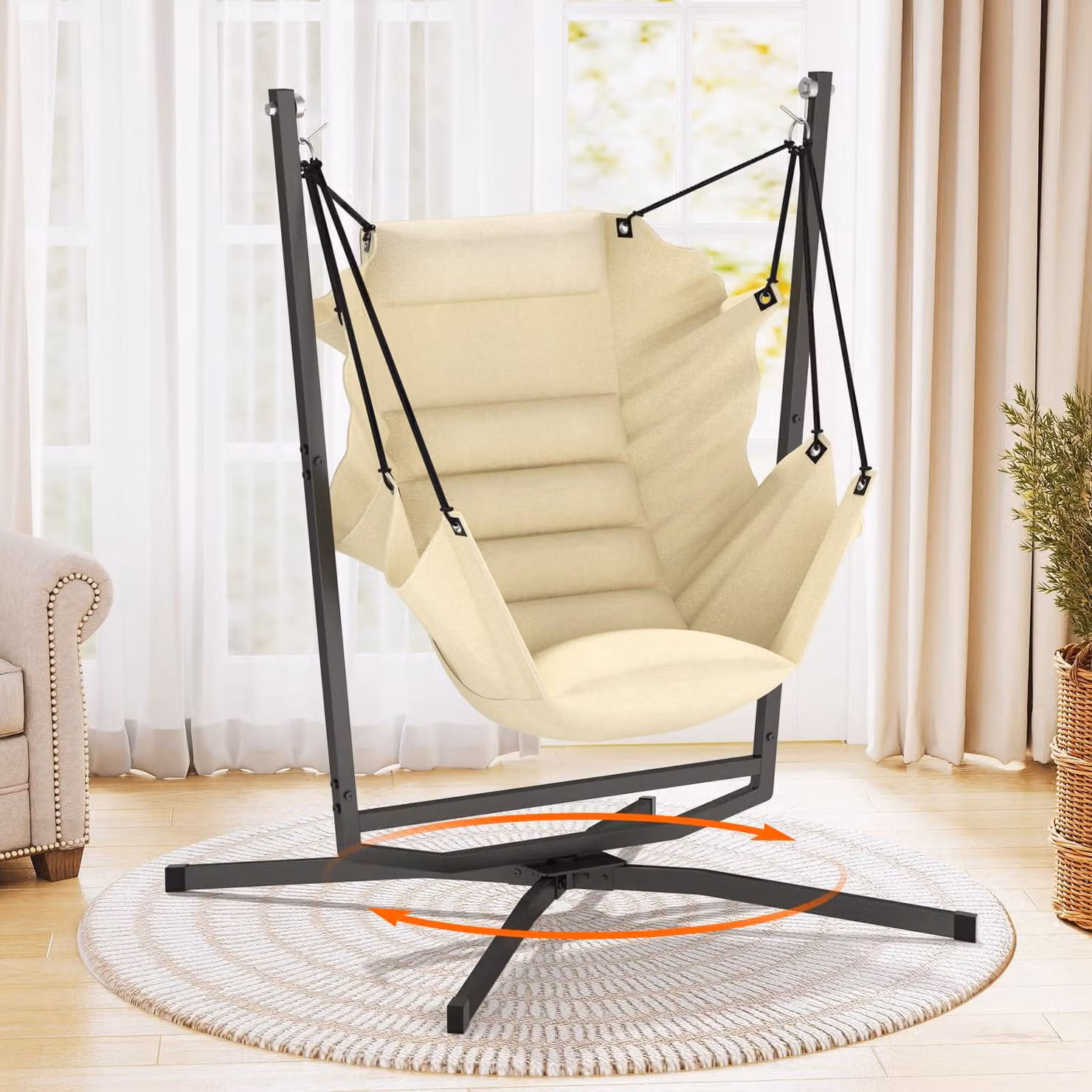 Sedia a dondolo con struttura beige - Rotazione a 360° - Capacità di peso: 180 kg - Acciaio legato - Adatta per interni ed esterni