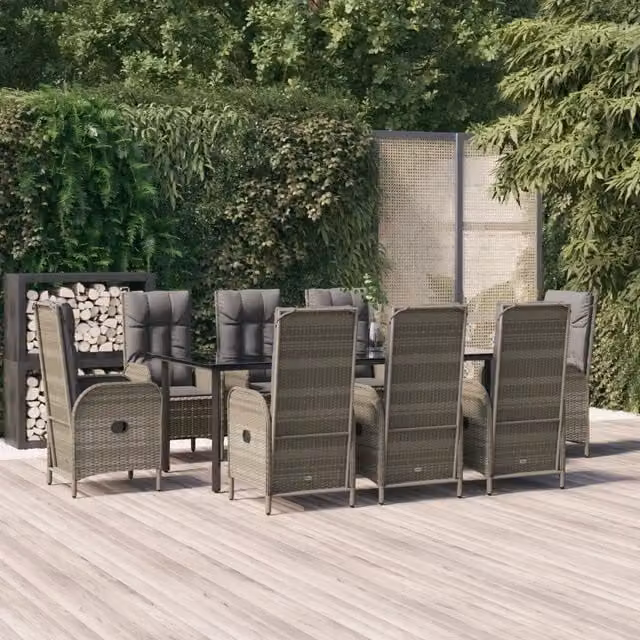 Set da Pranzo da Giardino vidaXL in Polyrattan con Cuscini Nero e Grigio 9 Pezzi