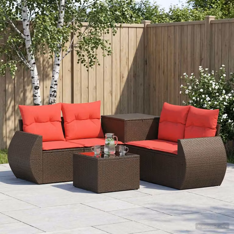 Set di divani da giardino vidaXL a forma di L composto da 6 pezzi in polyrattan e acciaio con cuscini marroni e rossi