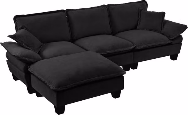 Divano angolare modulare a L in tessuto chenille nero con pouf mobile e 2 cuscini morbidi, 263x155x90 cm