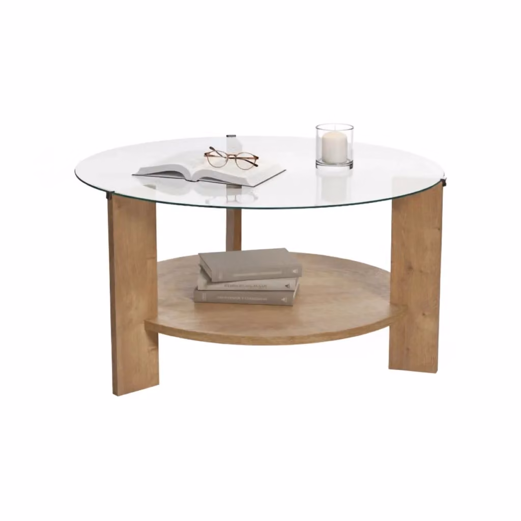 Tavolino da salotto rotondo Canevino DMORA in legno rovere marrone e vetro trasparente L: 75 cm, P: 75 cm, H: 40 cm – 2