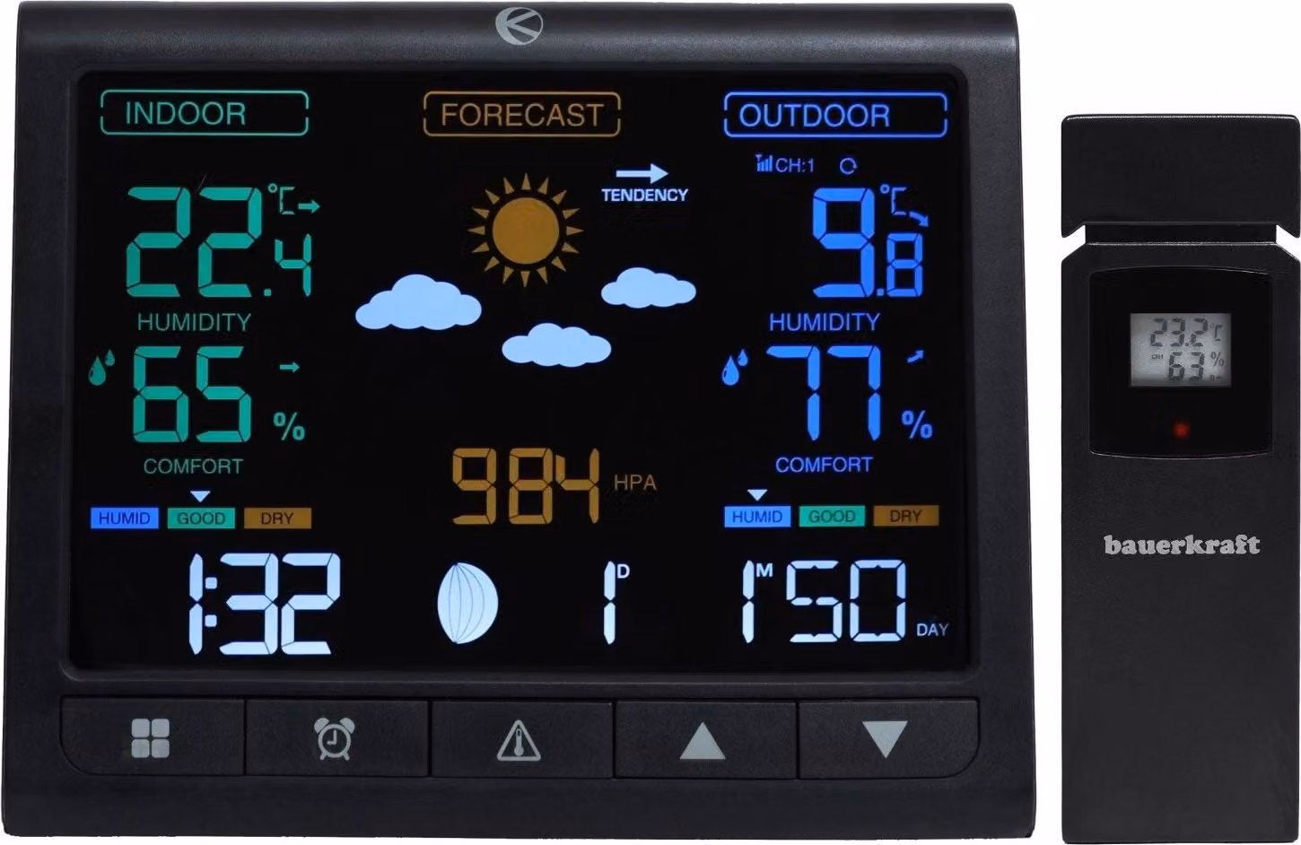 Stazione meteo wireless retroilluminata con sensore esterno, display LCD, termometro, barometro, orologio