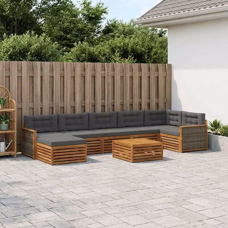 Set di divani da esterno vidaXL 8 pz a forma di L in legno di acacia con tavolino e pouf, colore naturale e antracite