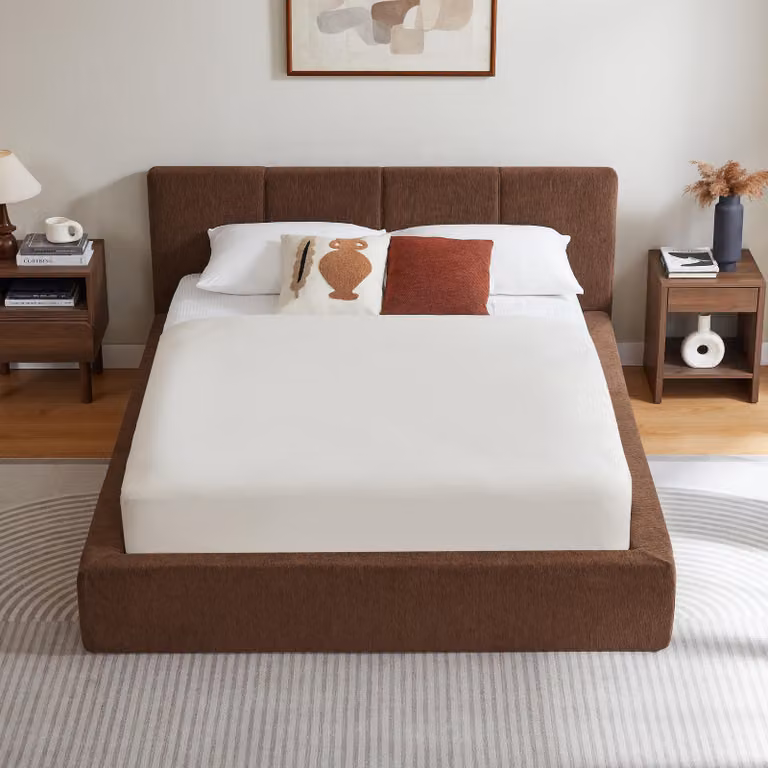 Letto imbottito 140x200 cm con testiera imbottita, struttura in acciaio rinforzata e sistema di supporto, senza rete a molle, facile da montare