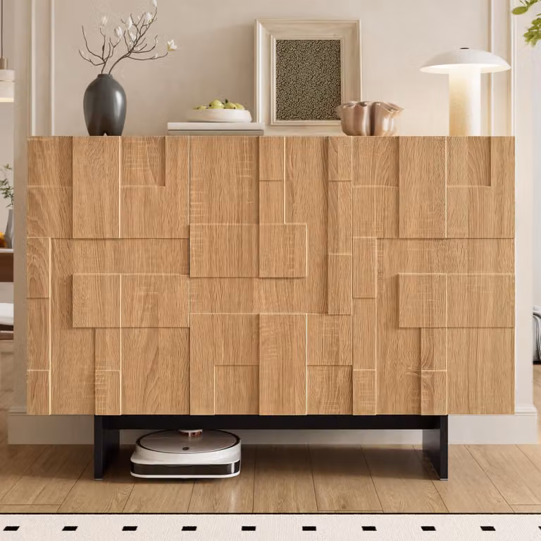 Mobile bar moderno "okwish" con ripiani regolabili e spazio contenitivo, pensile per il soggiorno, con struttura frontale geometrica e finitura naturale