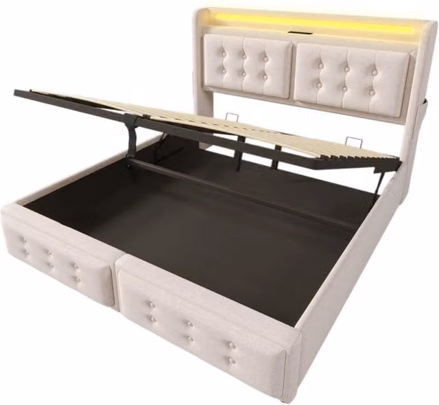 Letto imbottito 140x200 con testiera in pelle, funzione di ricarica USB-C, struttura in legno e metallo, portata 300 kg, colore beige