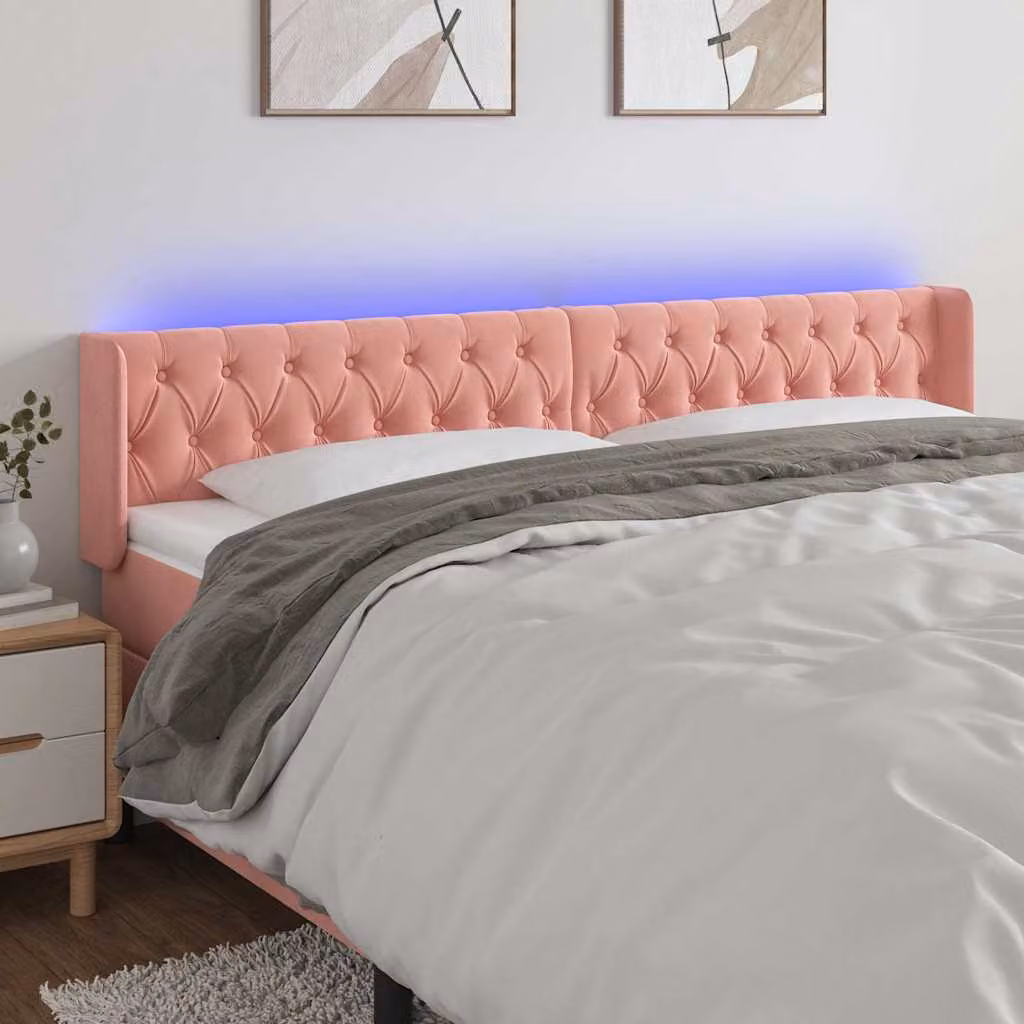 Testiera per letto vidaXL in velluto rosa con illuminazione LED e porta USB, L: 183 cm, P: 16 cm, H: 78-88 cm