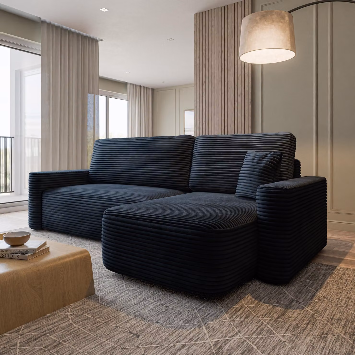Divano ad angolo Masseno NERI T con funzione letto a L, divano con contenitore, divano da salotto, divanetto, divano letto, set divani - Nero, TILIA 100