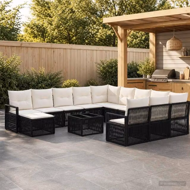 Set Divano da Giardino Moderno vidaXL in Polyrattan Nero con Cuscini e Tavolino da 13 Pezzi – 1