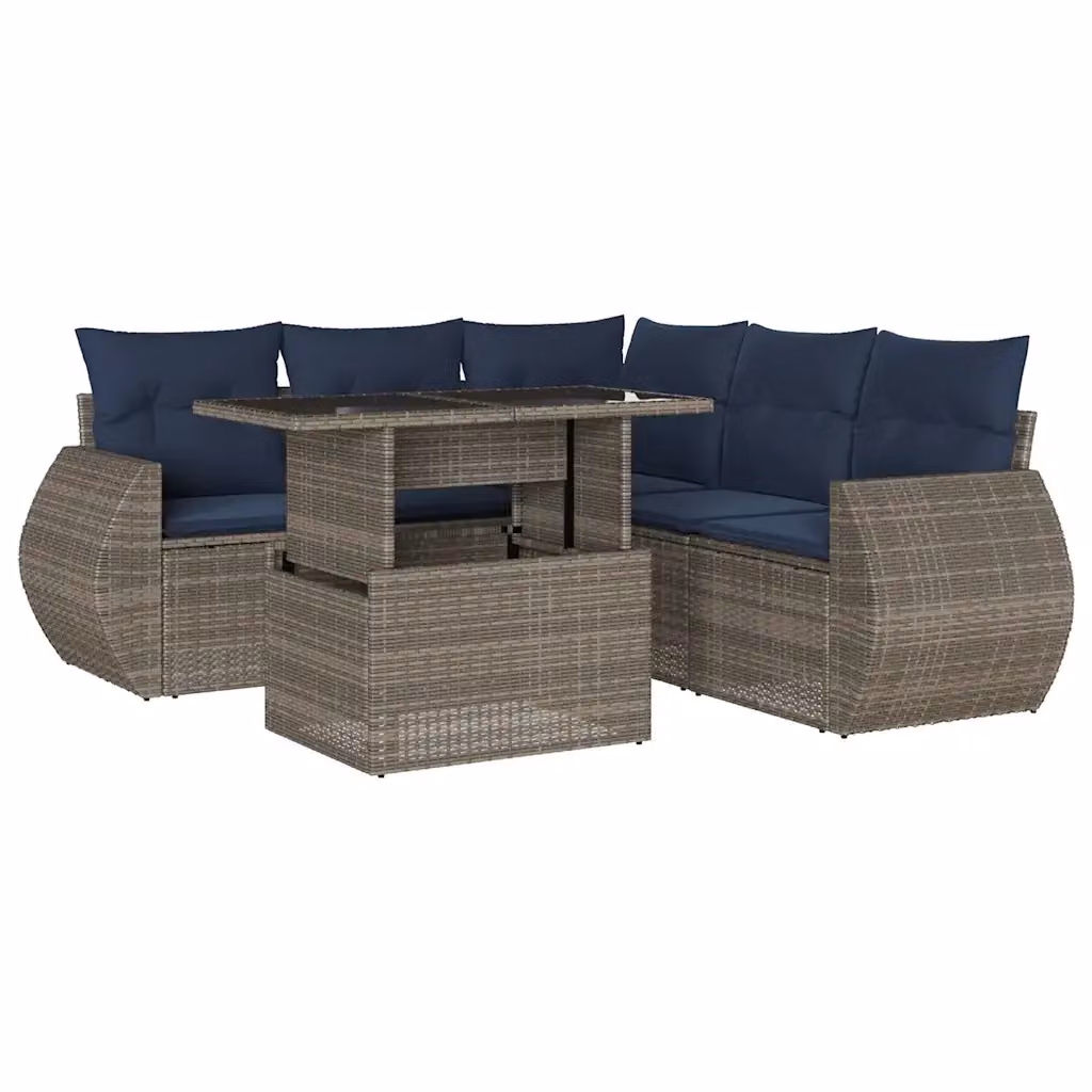 Set da giardino moderno vidaXL composto da 6 pezzi con divani a L, tavolino da caffè e cuscini in polyrattan e metallo, colore grigio e blu – 2
