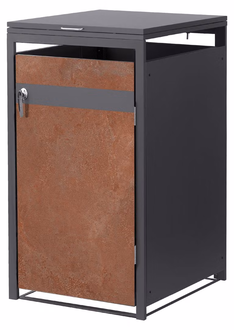 ML-Design, contenitore per bidoni della spazzatura, 1 pezzo. Bidone della spazzatura da 240 litri, dimensioni 68x80x120 cm, finitura effetto ruggine antracite, acciaio, resistente agli agenti atmosferici, copertura per bidoni della spazzatura con serratur