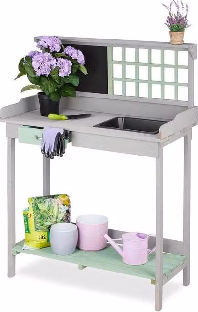 Tavolo per piante con forno e 2 piani - Tavolo per giardino con cassetto - HBD: 121 x 92 x 425 cm - Tavolo per piante grigio/verde