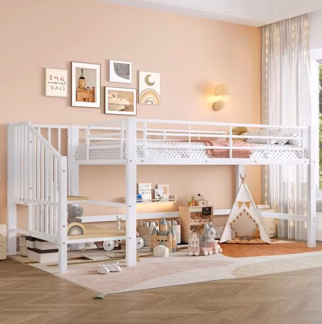 Letto a soppalco 90x200 cm con scala contenitore; struttura in metallo e MDF; bianco