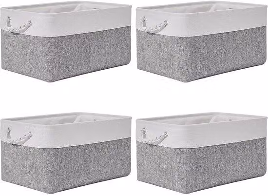 Set di 4 cesti per l'organizzazione di oggetti tessili, in cotone e lino, dimensioni 36x26x18 cm, colore grigio e bianco – Ideali per riporre vestiti, giocattoli e libri
