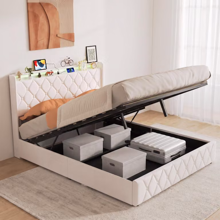 Letto a molle con contenitore INONEFT, 140x200 cm, con luci LED e caricabatterie USB, letto per ragazzi/coppie con rete a doghe e spazio contenitore ad apertura idraulica, imbottitura in velluto, colore beige