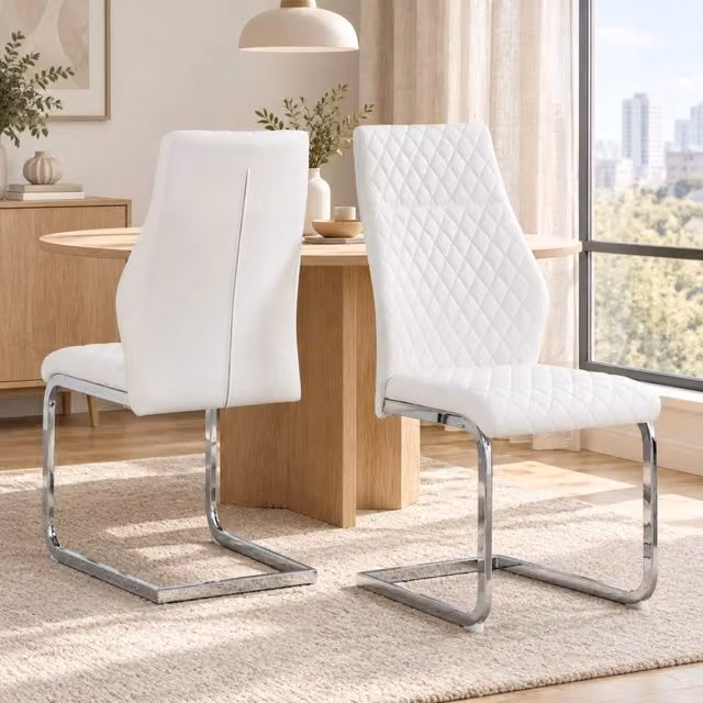 Set 2 sedie da pranzo ULEVR con schienale alto, seduta imbottita 5 cm e gambe in metallo, bianco e argento