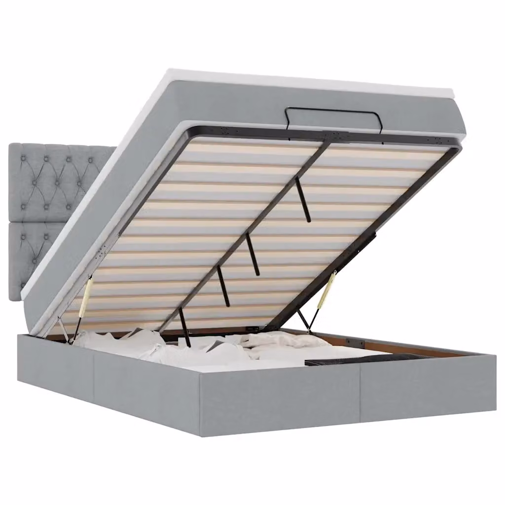 Letto con contenitore a sollevamento e materasso vidaXL in tessuto grigio e bianco, L/P/H: 193 x 144 x 128 cm – 2