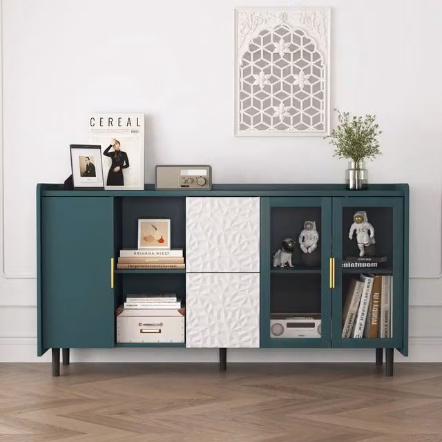 Cassettiera con ante in vetro ¨C Minimal ¨C Legno verde 2 cassetti per cucina soggiorno