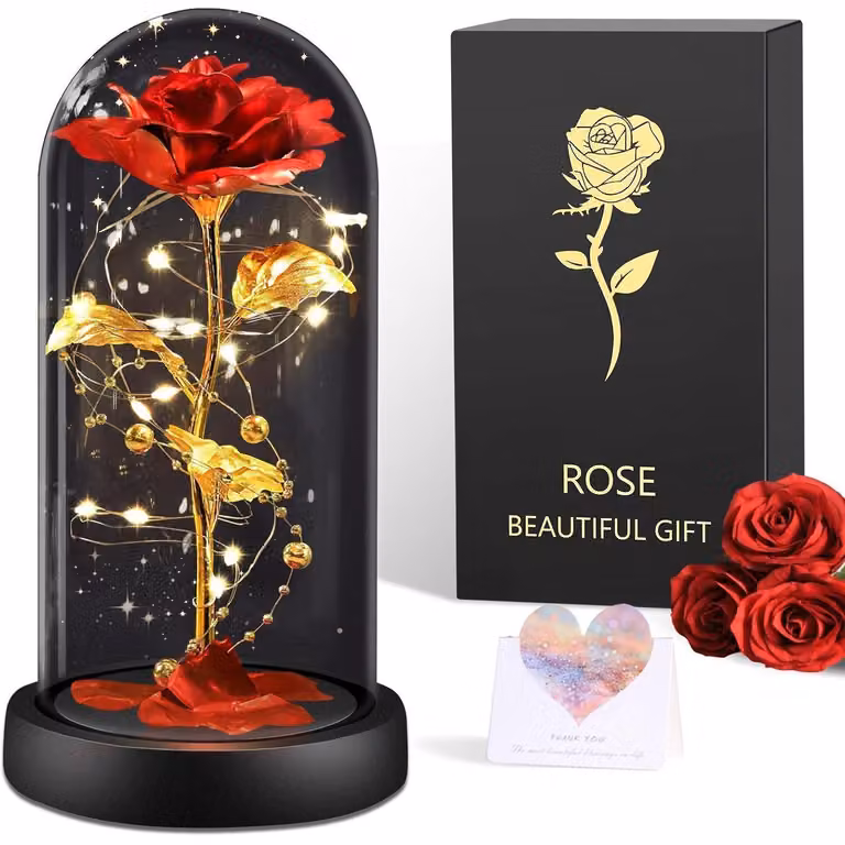 Rosa eterna in vetro con illuminazione a LED, decorazione per donne, idea regalo, rosa rossa classica