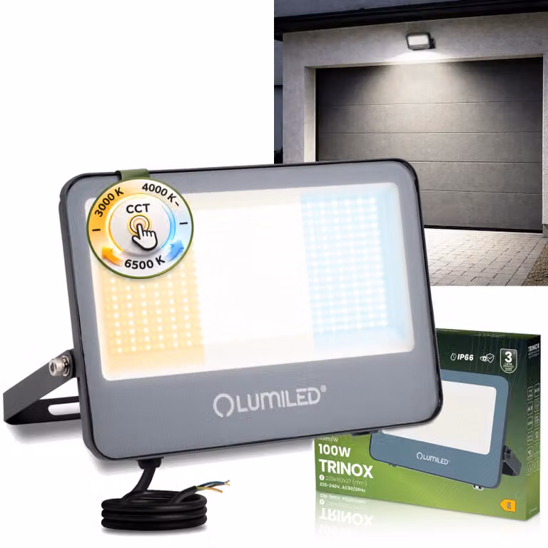 LUMILED Faretto LED da esterno 100W 11000lm CCT 3000K 4000K 6500K IP66 Impermeabile Proiettore da esterno Faretto da giardino Garage Cortile Faretto da parete Alluminio Grigio Faretti Proiettori neri Proiettori da esterno