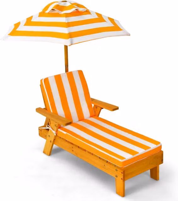 Chaise longue da esterno per bambini Design Mania in legno di abete con ombrellone smontabile a righe gialle, bianche e arancioni – 1