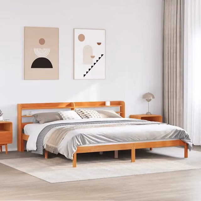 Giroletto con Testiera-Struttura Letto con testiera Marrone Cera 200x200 cm Massello Pino 808724