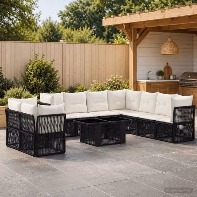 Set Divano da Giardino a Forma di U vidaXL in Polyrattan Nero con Tavolino e Cuscini – 1
