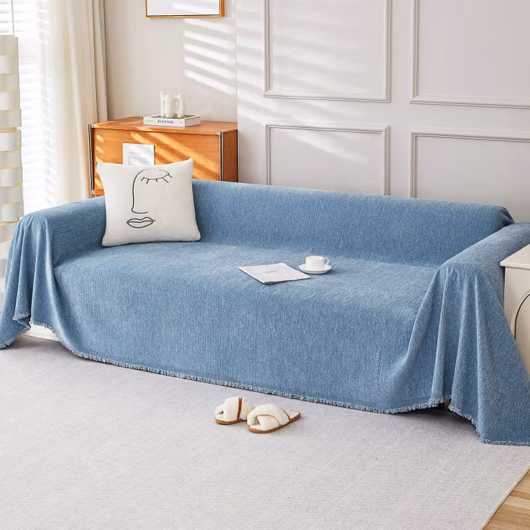 Coperta per divano in velluto, 180 x 420 cm, colore blu minerale, extra grande, 100% fibra naturale