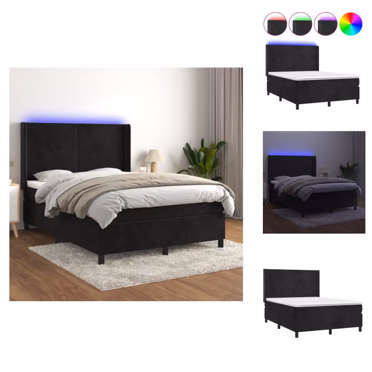vidaXL Letto a molle con materasso e LED nero 140x200 cm in velluto - Letti e strutture letto